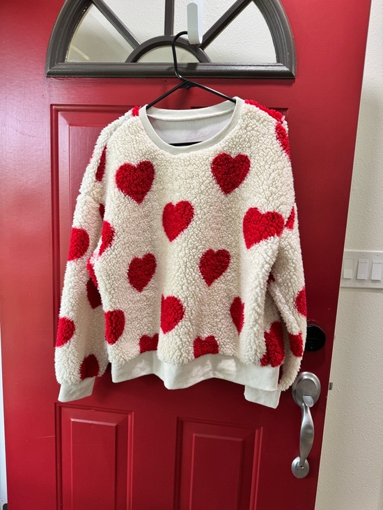 Sweaters - Cozy Cream Sherpa Sweater with Red Heart Print